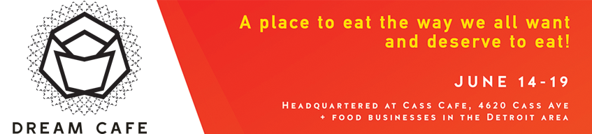 dream cafe logo, next to a red background with text "June 14 - 17"