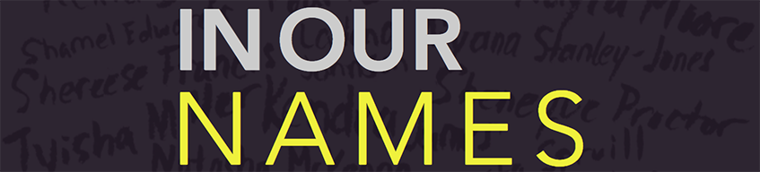 'in our' in gray one one line and 'names' in yellow on the second line, all on a gray background