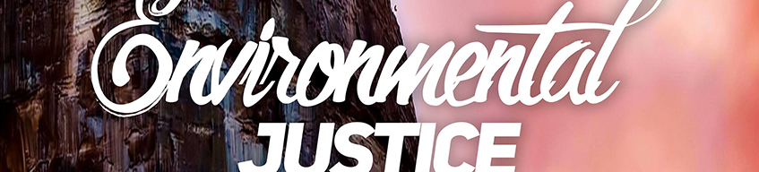 The word 'environmental' in script and 'justice' in block caps, on a background of a cliff and a pink sky