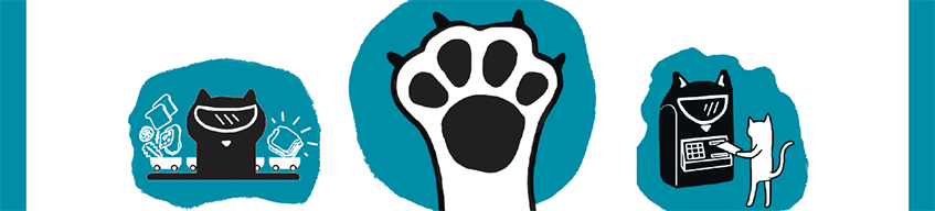 3 blue blobs on a white background, each with an illustration. The first is a cat in front of an assembly line, the second is a cat paw, the third is a cat at an ATM