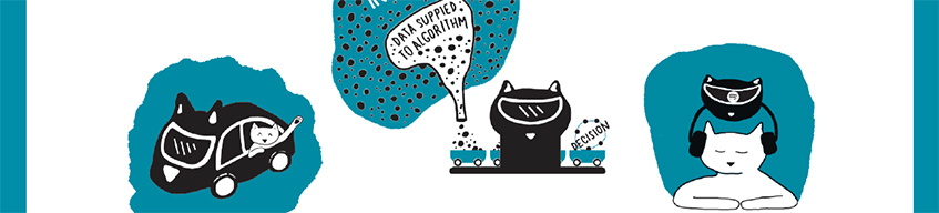 3 blue blobs on a white background, each with an illustration. The first is a cat in a cat car, the second is a cat in front of an assembly line with a bubble above them that says 'data supplied to algorithm', inside another bigger bubble, the third is a cat wearing headphones