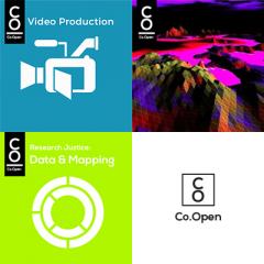 4 icons arranged in a square. One has a white videocamera graphic on a blue background and says "video production", the second has an abstract photo with black and pink, another has white circles on a green background and says 'data & mapping', and the 4th is the co open logo on a white background
