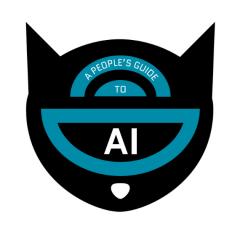 A People's Guide to AI logo. Abstract illustration of a black cat wearing blue AI goggles