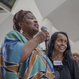 Lila Cabbil speaking at the closing of the 16th annual Allied Media Conference. Photo by Ara Howrani.