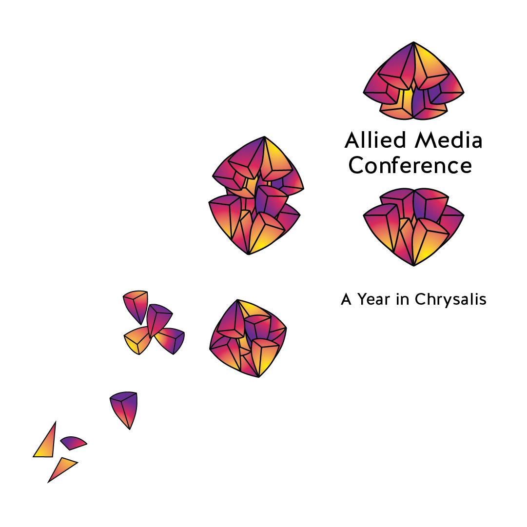 small triangular shapes coming together to create an open chrysalis with the text 'allied media conference' in the middle and 'a year in chrysalis' underneath