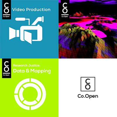4 icons arranged in a square. One has a white videocamera graphic on a blue background and says "video production", the second has an abstract photo with black and pink, another has white circles on a green background and says 'data & mapping', and the 4th is the co open logo on a white background