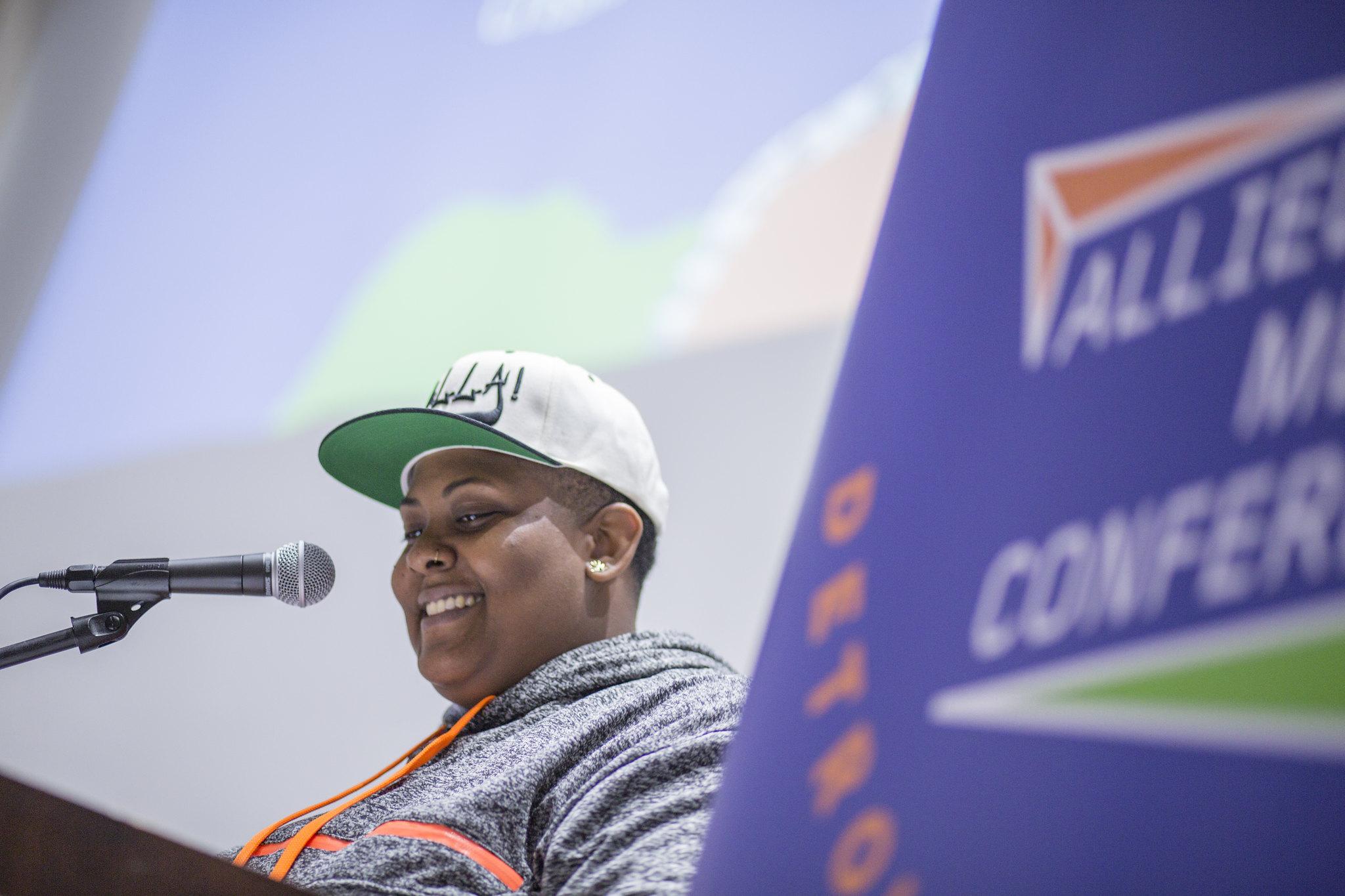 Morgan Willis giving speech at Allied Media Conference