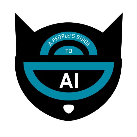 A People's Guide to AI logo. Abstract illustration of a black cat wearing blue AI goggles